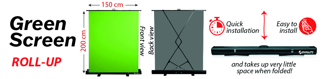 CHROMAKEY GREEN BACKGROUND in roll-up format, easy to unfold and takes up no space