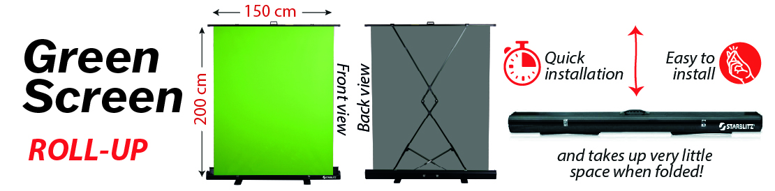 CHROMAKEY GREEN BACKGROUND in roll-up format, easy to unfold and takes up no space CHROMAKEY GREEN BACKGROUND in roll-up format, easy to unfold and takes up no space
