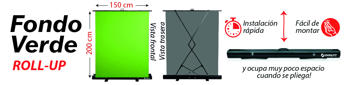 Fondo verde cromático en formato enrollable, fácil de desplegar y que no ocupa espacio Fondo verde cromático en formato enrollable, fácil de desplegar y que no ocupa espacio