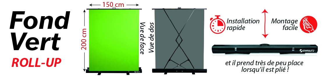 FOND VERT CHROMAKEY au format roll-up, facile à déplier et ne prend pas de place