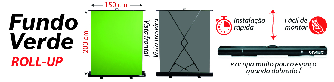 CHROMAKEY GREEN BACKGROUND em formato roll-up, fácil de desdobrar e sem ocupar espaço CHROMAKEY GREEN BACKGROUND em formato roll-up, fácil de desdobrar e sem ocupar espaço